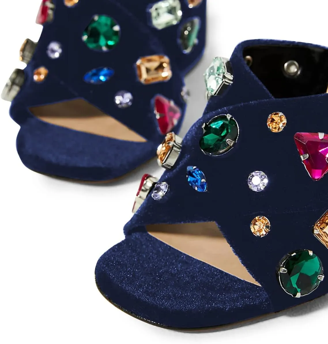 FSJ Women Gem Chunky Block Heel Open Toe Mules Sandals Velvet Jewel Cross Band Slip On Slides Wedding Dress Shoes Size 4-15 US
