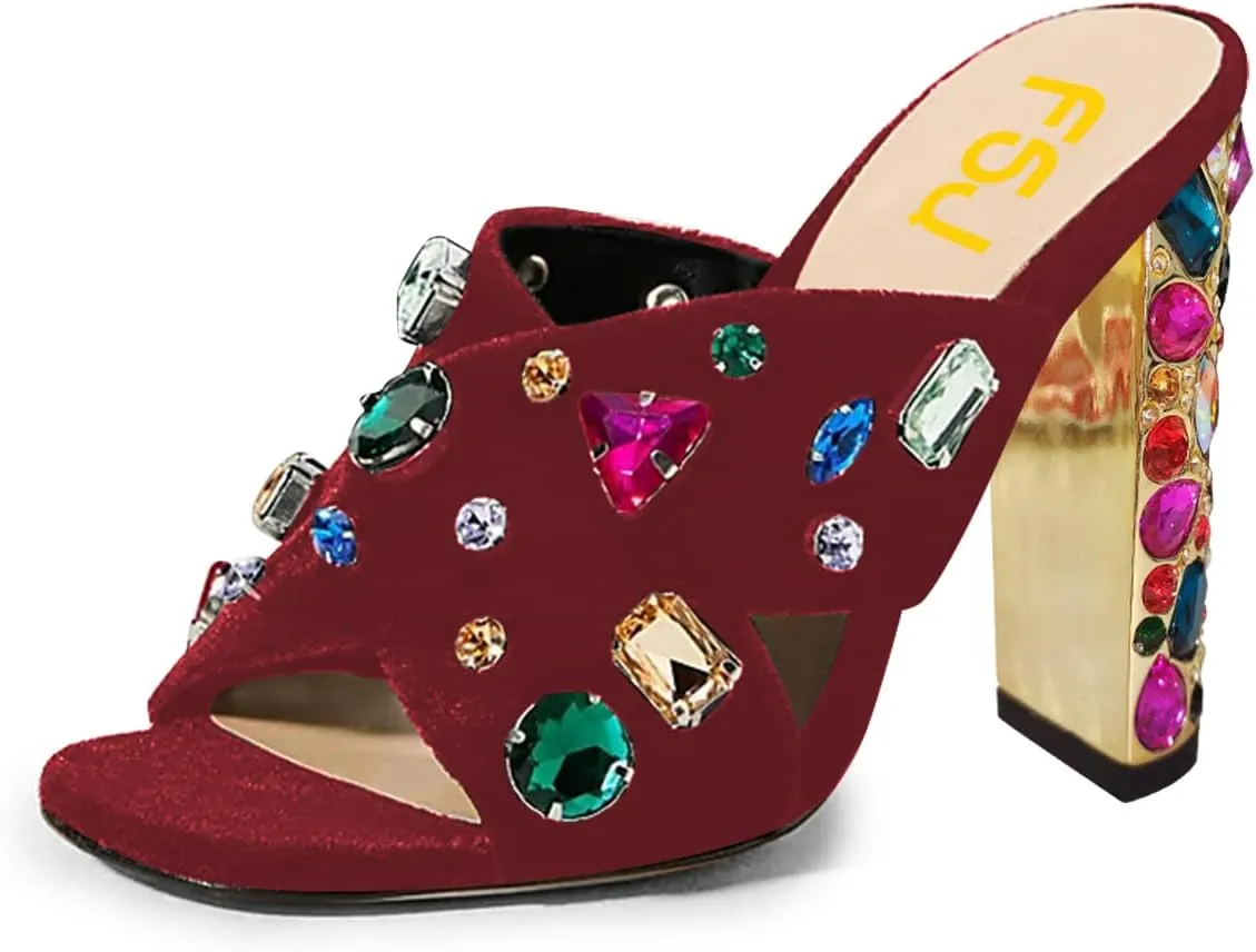 FSJ Women Gem Chunky Block Heel Open Toe Mules Sandals Velvet Jewel Cross Band Slip On Slides Wedding Dress Shoes Size 4-15 US