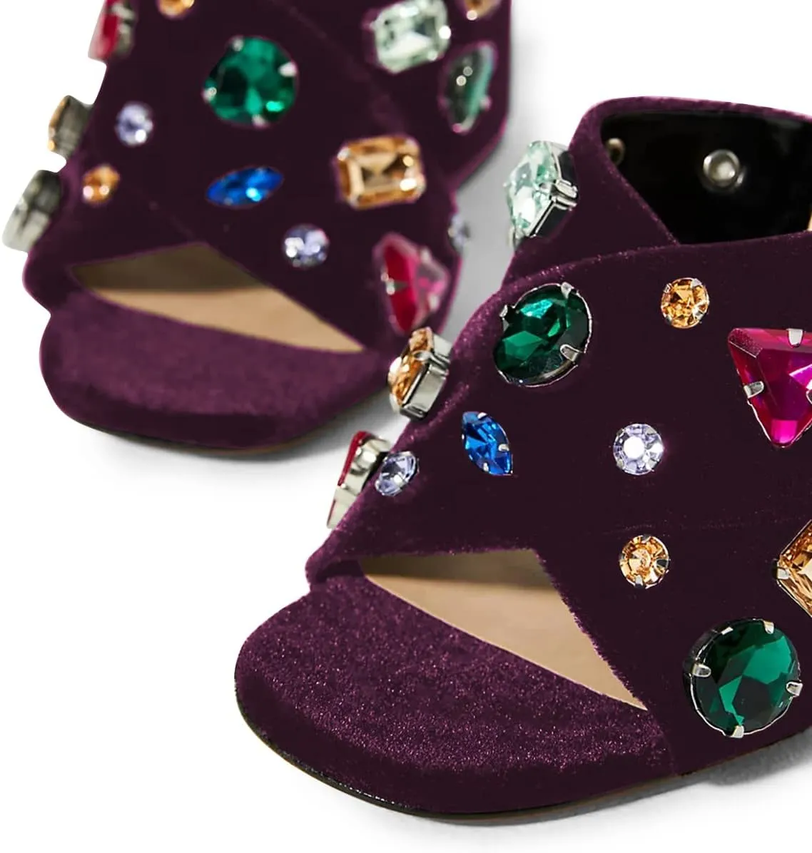 FSJ Women Gem Chunky Block Heel Open Toe Mules Sandals Velvet Jewel Cross Band Slip On Slides Wedding Dress Shoes Size 4-15 US