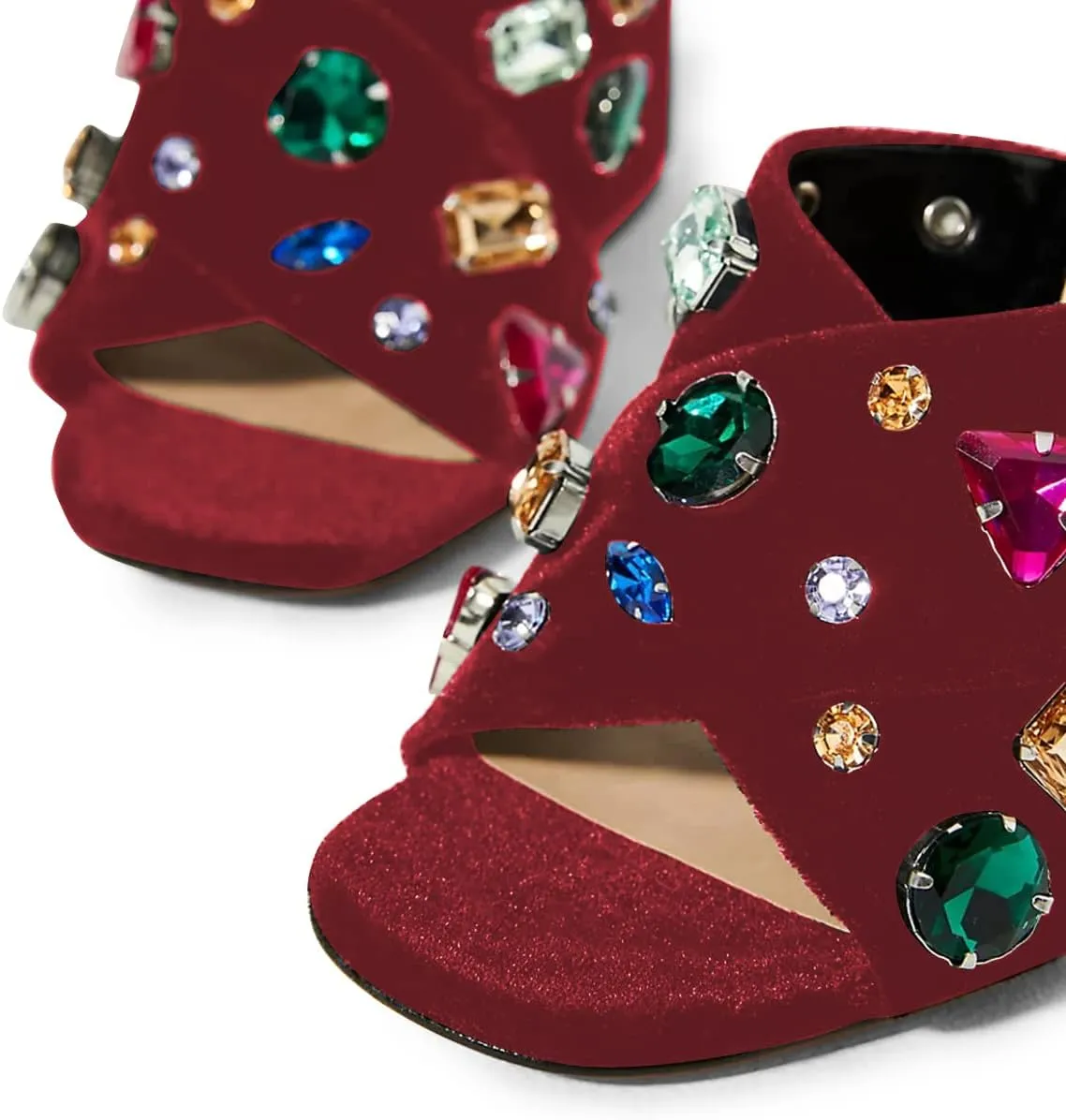 FSJ Women Gem Chunky Block Heel Open Toe Mules Sandals Velvet Jewel Cross Band Slip On Slides Wedding Dress Shoes Size 4-15 US