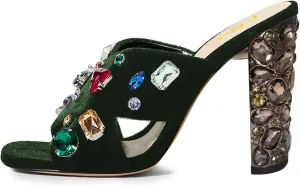 FSJ Women Gem Chunky Block Heel Open Toe Mules Sandals Velvet Jewel Cross Band Slip On Slides Wedding Dress Shoes Size 4-15 US