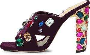 FSJ Women Gem Chunky Block Heel Open Toe Mules Sandals Velvet Jewel Cross Band Slip On Slides Wedding Dress Shoes Size 4-15 US