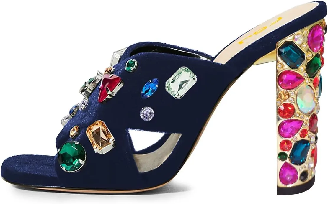 FSJ Women Gem Chunky Block Heel Open Toe Mules Sandals Velvet Jewel Cross Band Slip On Slides Wedding Dress Shoes Size 4-15 US