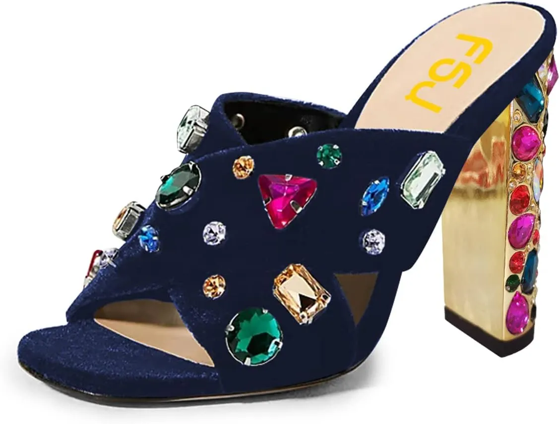 FSJ Women Gem Chunky Block Heel Open Toe Mules Sandals Velvet Jewel Cross Band Slip On Slides Wedding Dress Shoes Size 4-15 US