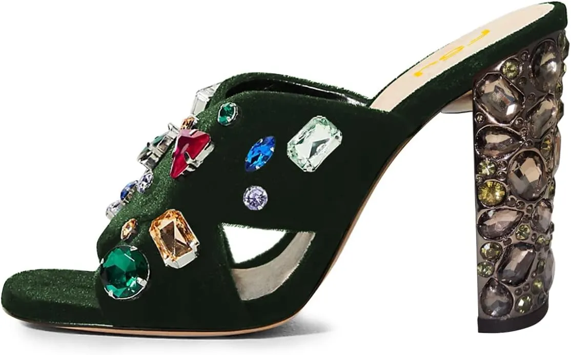 FSJ Women Gem Chunky Block Heel Open Toe Mules Sandals Velvet Jewel Cross Band Slip On Slides Wedding Dress Shoes Size 4-15 US