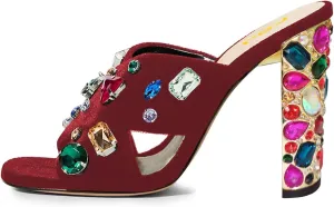 FSJ Women Gem Chunky Block Heel Open Toe Mules Sandals Velvet Jewel Cross Band Slip On Slides Wedding Dress Shoes Size 4-15 US