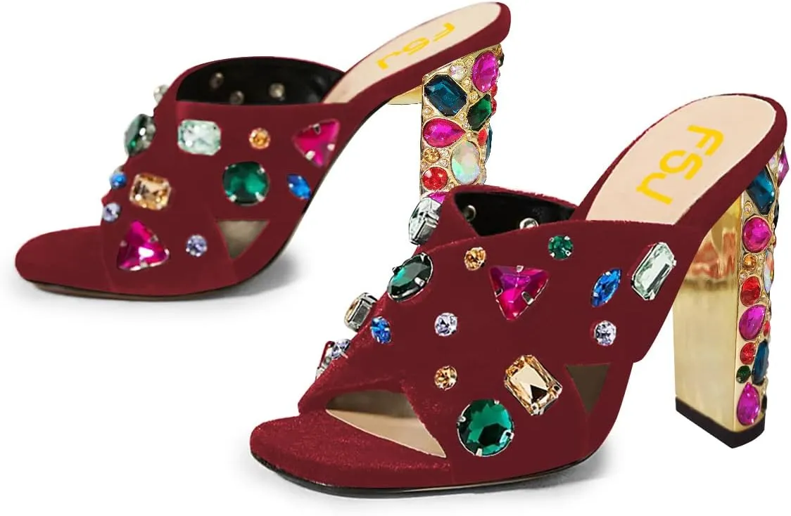FSJ Women Gem Chunky Block Heel Open Toe Mules Sandals Velvet Jewel Cross Band Slip On Slides Wedding Dress Shoes Size 4-15 US