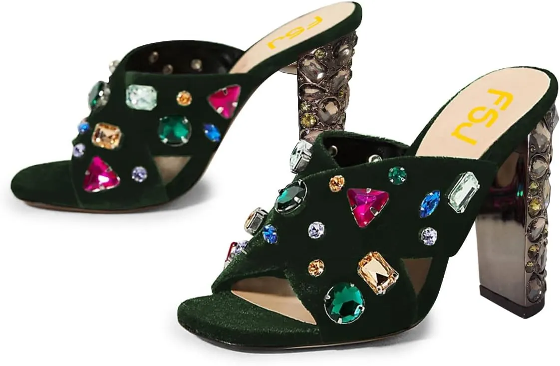FSJ Women Gem Chunky Block Heel Open Toe Mules Sandals Velvet Jewel Cross Band Slip On Slides Wedding Dress Shoes Size 4-15 US