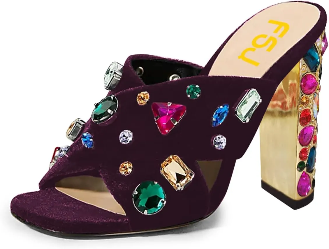 FSJ Women Gem Chunky Block Heel Open Toe Mules Sandals Velvet Jewel Cross Band Slip On Slides Wedding Dress Shoes Size 4-15 US