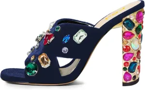 FSJ Women Gem Chunky Block Heel Open Toe Mules Sandals Velvet Jewel Cross Band Slip On Slides Wedding Dress Shoes Size 4-15 US