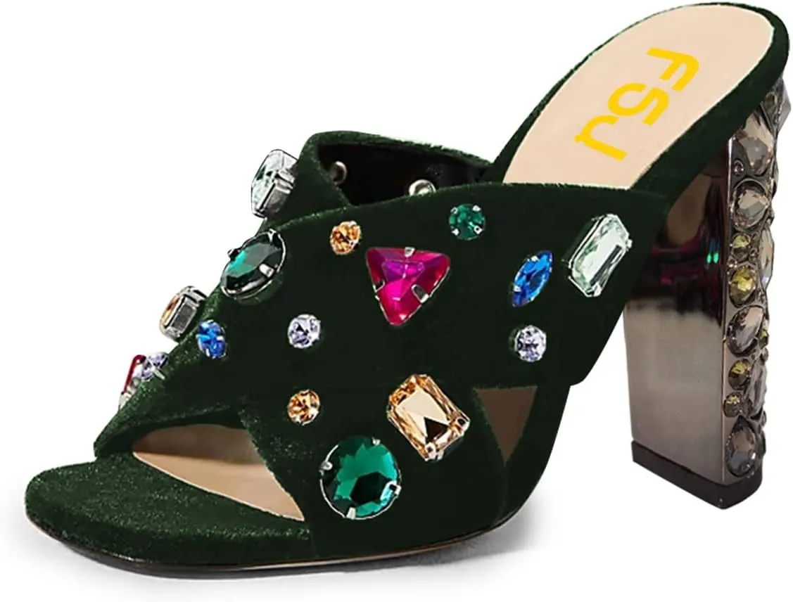 FSJ Women Gem Chunky Block Heel Open Toe Mules Sandals Velvet Jewel Cross Band Slip On Slides Wedding Dress Shoes Size 4-15 US