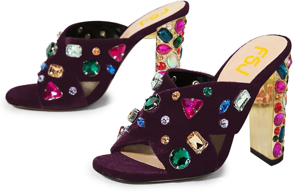 FSJ Women Gem Chunky Block Heel Open Toe Mules Sandals Velvet Jewel Cross Band Slip On Slides Wedding Dress Shoes Size 4-15 US