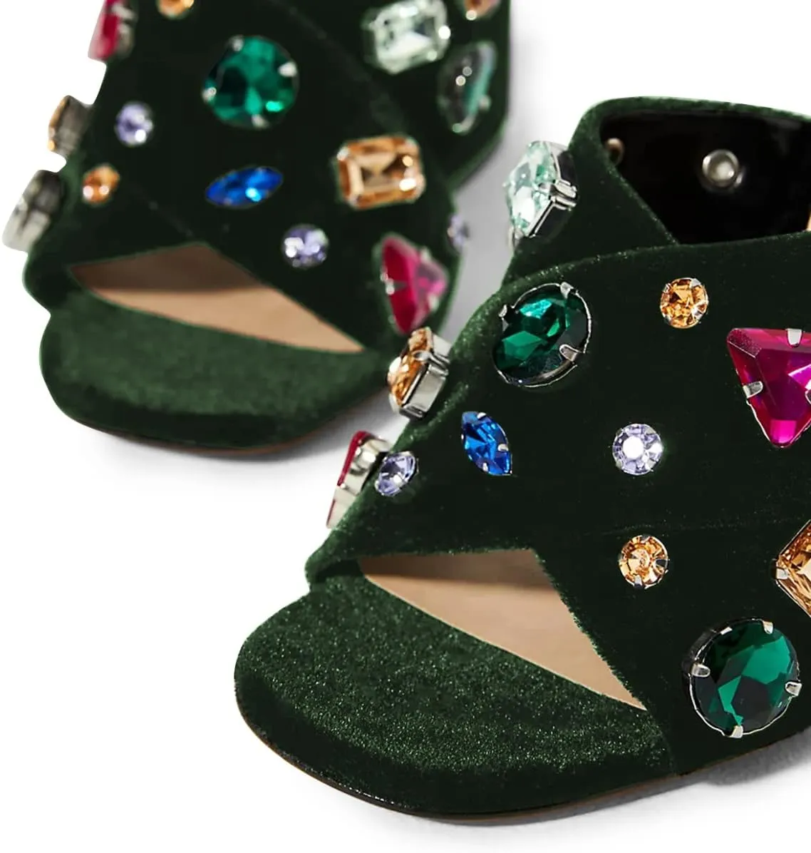 FSJ Women Gem Chunky Block Heel Open Toe Mules Sandals Velvet Jewel Cross Band Slip On Slides Wedding Dress Shoes Size 4-15 US