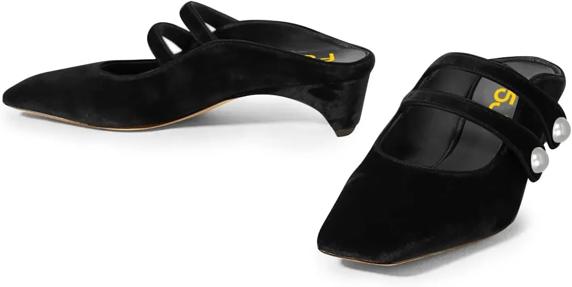 FSJ Women Low Cone Heel Mules Velvet Closed Square Toe Pearl Buckle Strap Slip On Pumps Backless Slide Sandals Office Dress Shoes Size 4-15 US