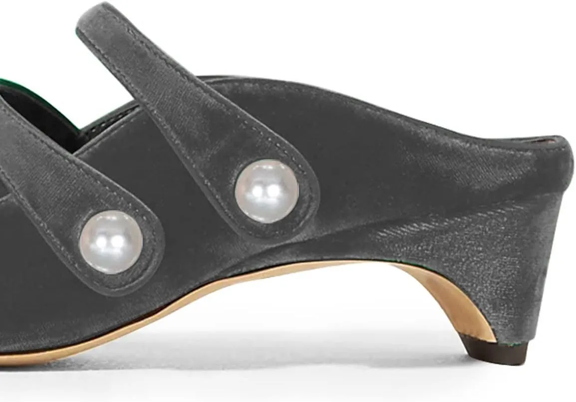 FSJ Women Low Cone Heel Mules Velvet Closed Square Toe Pearl Buckle Strap Slip On Pumps Backless Slide Sandals Office Dress Shoes Size 4-15 US