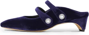 FSJ Women Low Cone Heel Mules Velvet Closed Square Toe Pearl Buckle Strap Slip On Pumps Backless Slide Sandals Office Dress Shoes Size 4-15 US
