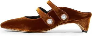 FSJ Women Low Cone Heel Mules Velvet Closed Square Toe Pearl Buckle Strap Slip On Pumps Backless Slide Sandals Office Dress Shoes Size 4-15 US