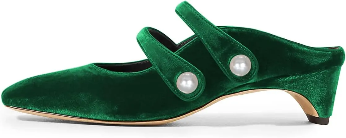 FSJ Women Low Cone Heel Mules Velvet Closed Square Toe Pearl Buckle Strap Slip On Pumps Backless Slide Sandals Office Dress Shoes Size 4-15 US