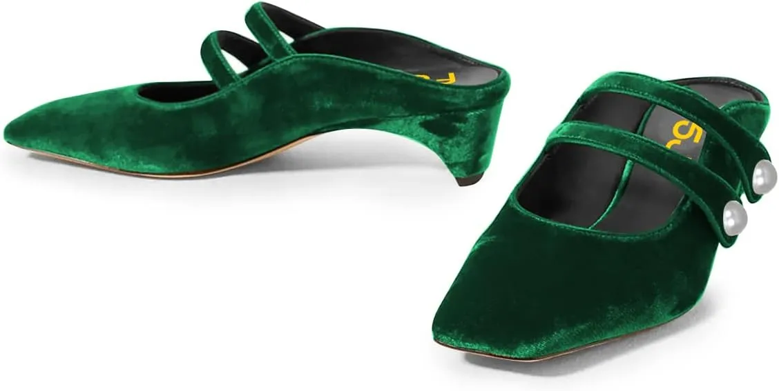 FSJ Women Low Cone Heel Mules Velvet Closed Square Toe Pearl Buckle Strap Slip On Pumps Backless Slide Sandals Office Dress Shoes Size 4-15 US