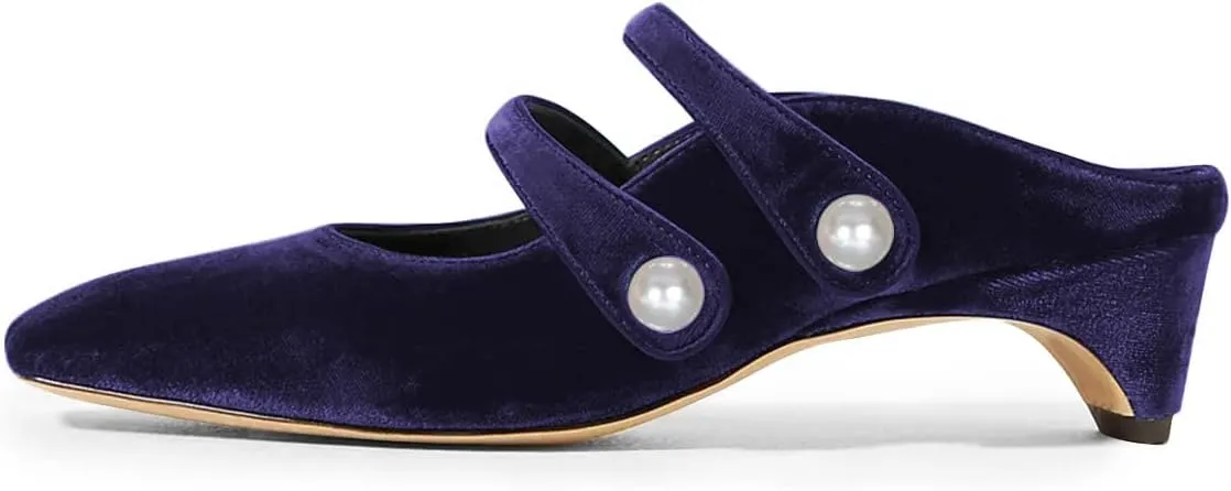 FSJ Women Low Cone Heel Mules Velvet Closed Square Toe Pearl Buckle Strap Slip On Pumps Backless Slide Sandals Office Dress Shoes Size 4-15 US