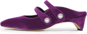 FSJ Women Low Cone Heel Mules Velvet Closed Square Toe Pearl Buckle Strap Slip On Pumps Backless Slide Sandals Office Dress Shoes Size 4-15 US