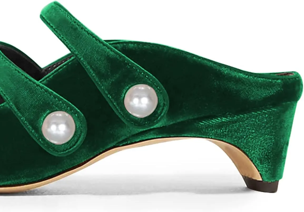FSJ Women Low Cone Heel Mules Velvet Closed Square Toe Pearl Buckle Strap Slip On Pumps Backless Slide Sandals Office Dress Shoes Size 4-15 US
