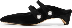 FSJ Women Low Cone Heel Mules Velvet Closed Square Toe Pearl Buckle Strap Slip On Pumps Backless Slide Sandals Office Dress Shoes Size 4-15 US