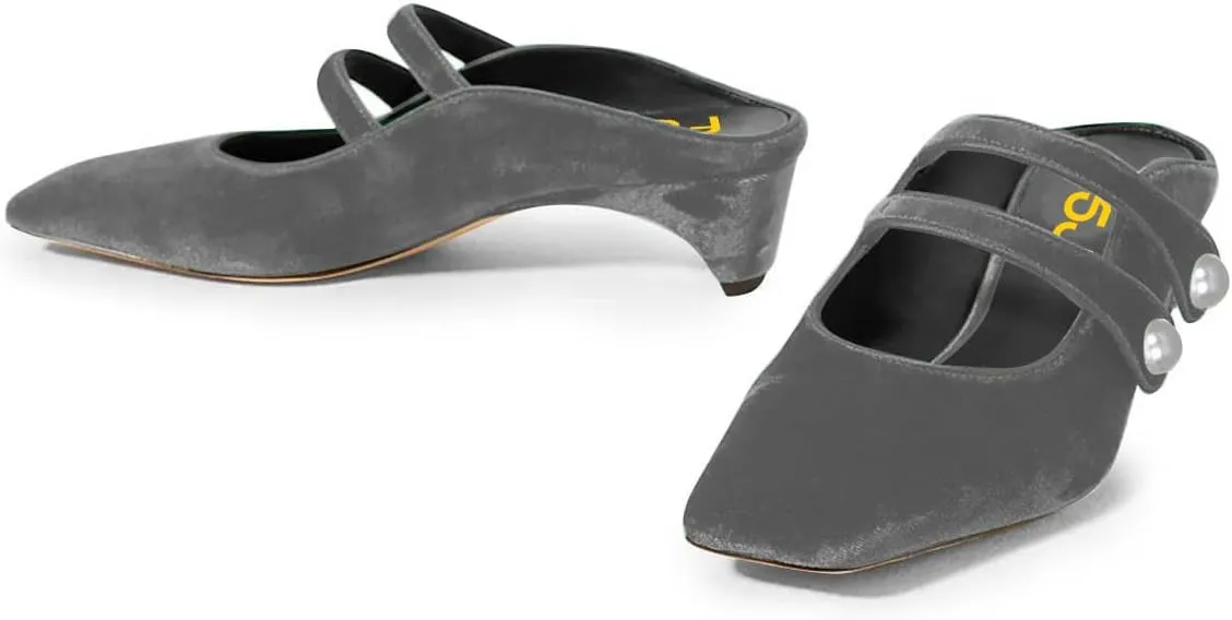 FSJ Women Low Cone Heel Mules Velvet Closed Square Toe Pearl Buckle Strap Slip On Pumps Backless Slide Sandals Office Dress Shoes Size 4-15 US
