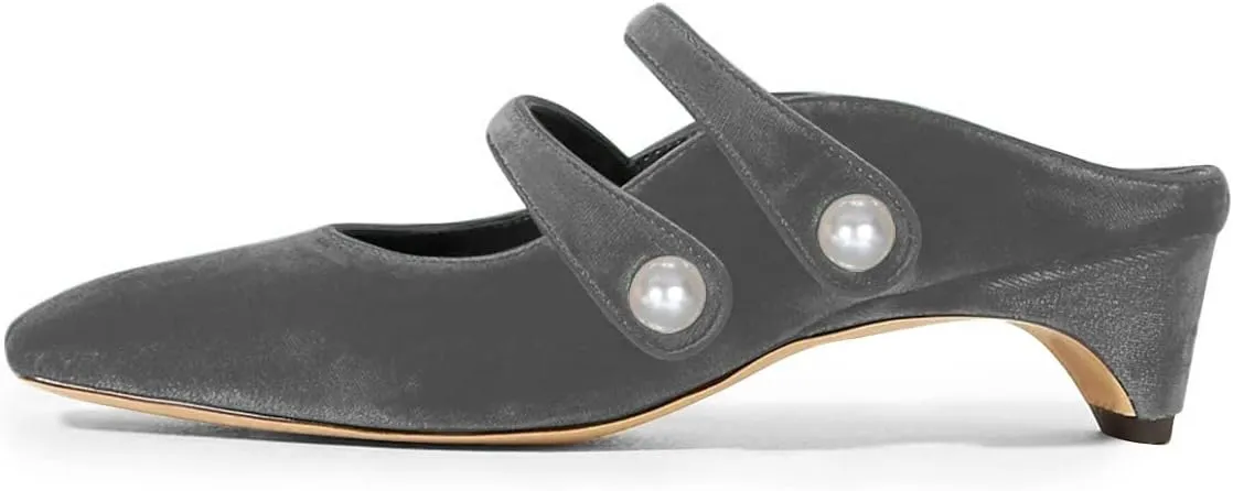 FSJ Women Low Cone Heel Mules Velvet Closed Square Toe Pearl Buckle Strap Slip On Pumps Backless Slide Sandals Office Dress Shoes Size 4-15 US
