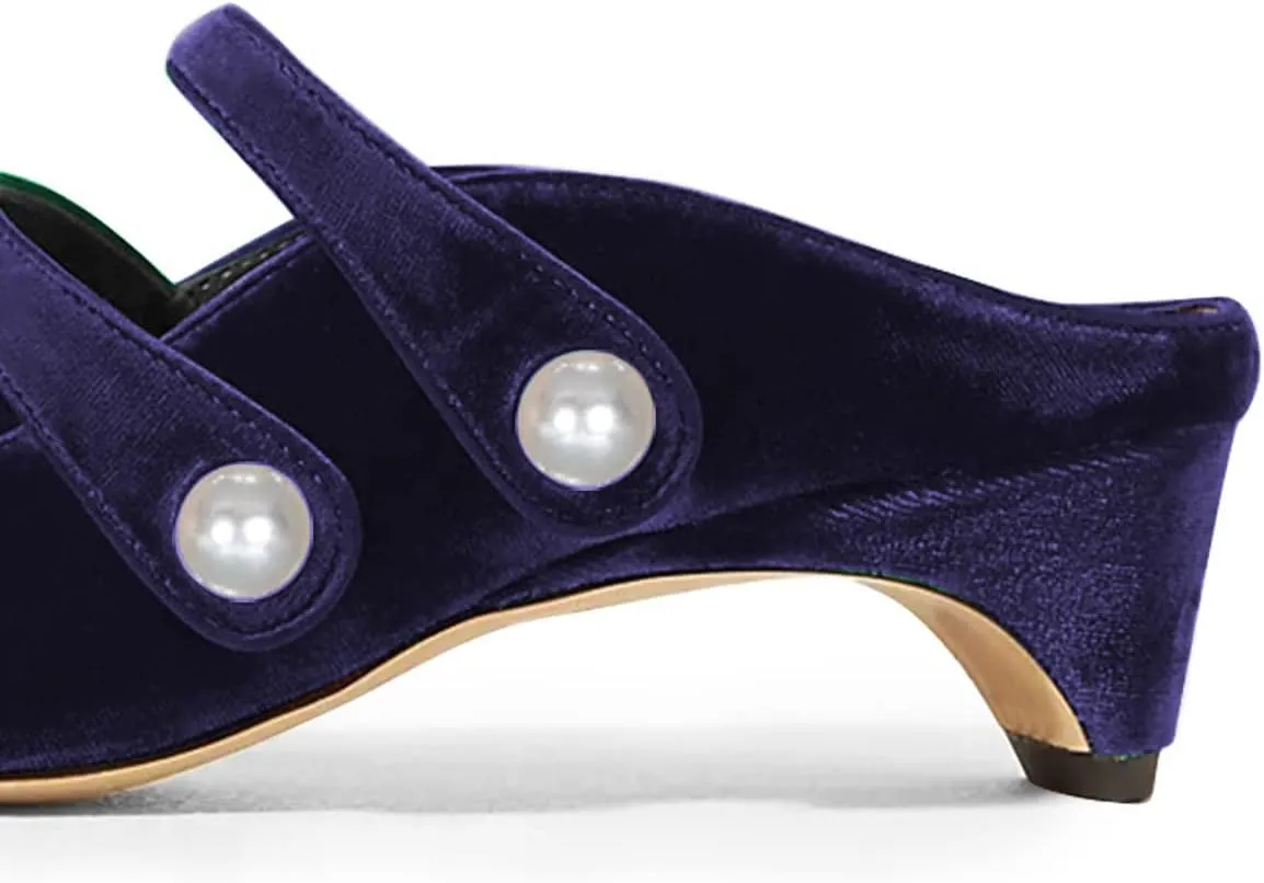 FSJ Women Low Cone Heel Mules Velvet Closed Square Toe Pearl Buckle Strap Slip On Pumps Backless Slide Sandals Office Dress Shoes Size 4-15 US