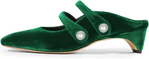 FSJ Women Low Cone Heel Mules Velvet Closed Square Toe Pearl Buckle Strap Slip On Pumps Backless Slide Sandals Office Dress Shoes Size 4-15 US