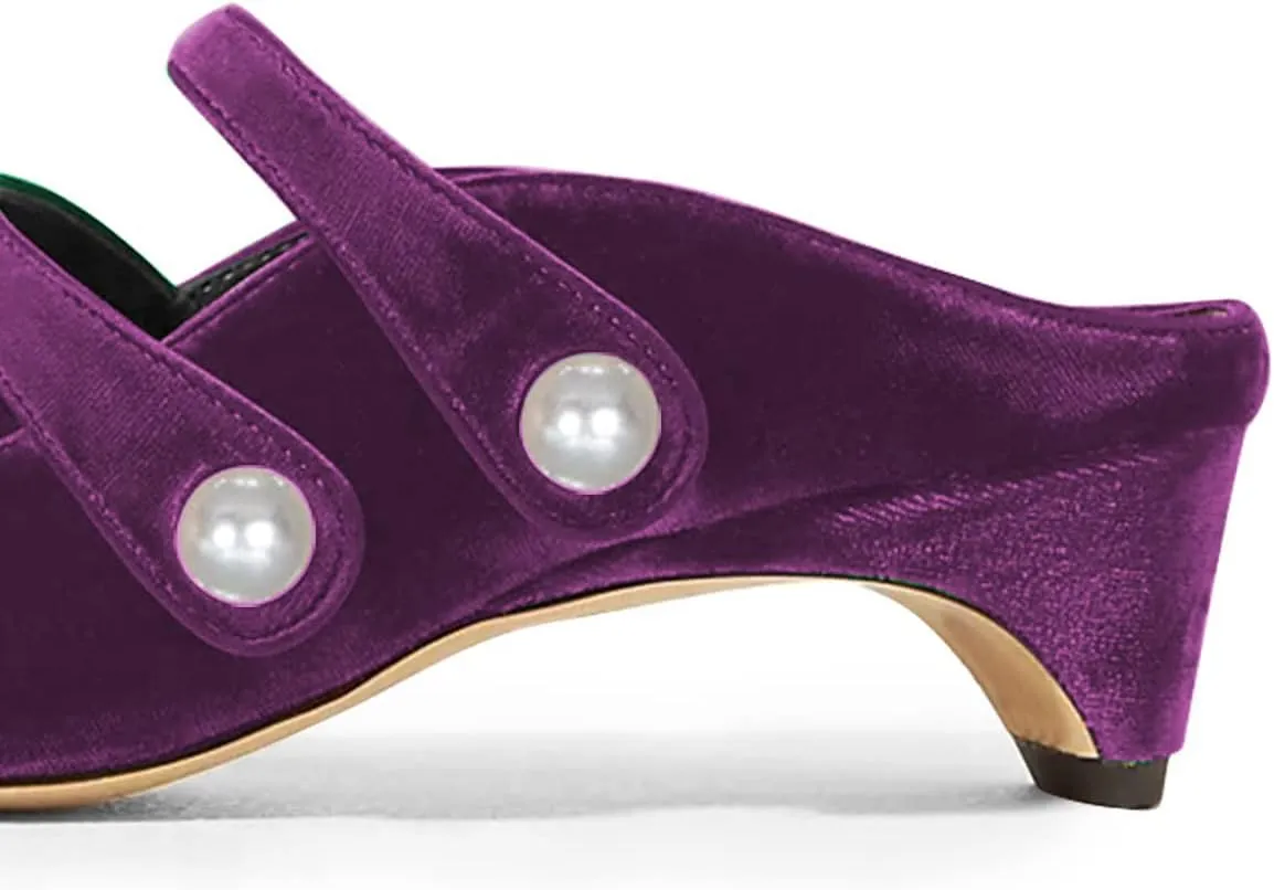 FSJ Women Low Cone Heel Mules Velvet Closed Square Toe Pearl Buckle Strap Slip On Pumps Backless Slide Sandals Office Dress Shoes Size 4-15 US