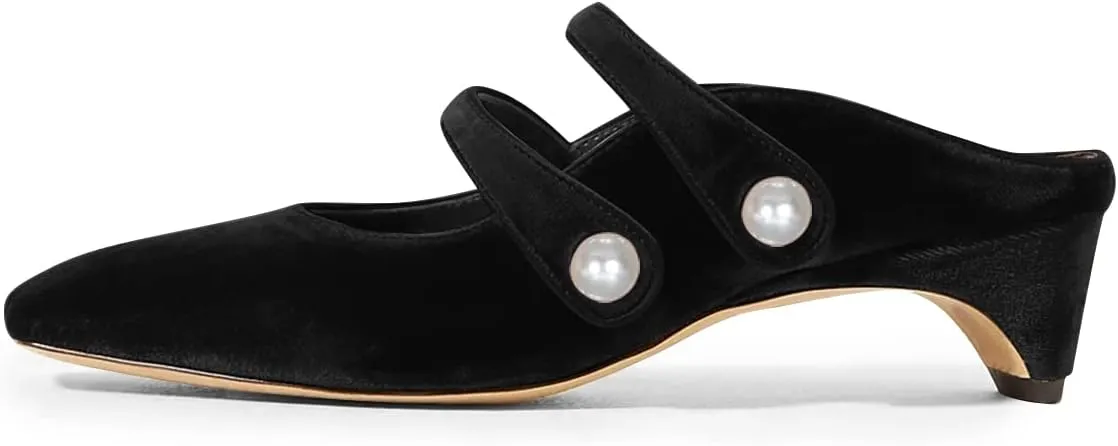 FSJ Women Low Cone Heel Mules Velvet Closed Square Toe Pearl Buckle Strap Slip On Pumps Backless Slide Sandals Office Dress Shoes Size 4-15 US