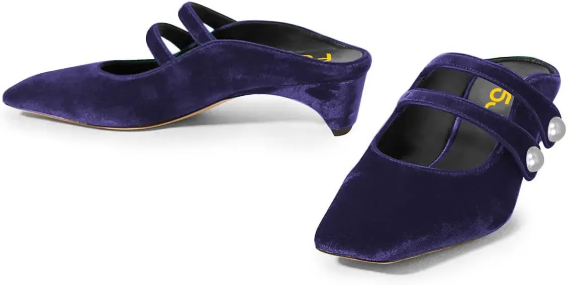 FSJ Women Low Cone Heel Mules Velvet Closed Square Toe Pearl Buckle Strap Slip On Pumps Backless Slide Sandals Office Dress Shoes Size 4-15 US