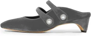 FSJ Women Low Cone Heel Mules Velvet Closed Square Toe Pearl Buckle Strap Slip On Pumps Backless Slide Sandals Office Dress Shoes Size 4-15 US