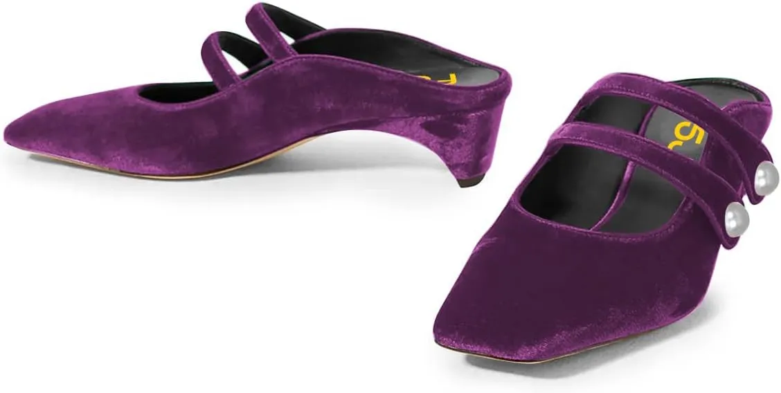 FSJ Women Low Cone Heel Mules Velvet Closed Square Toe Pearl Buckle Strap Slip On Pumps Backless Slide Sandals Office Dress Shoes Size 4-15 US