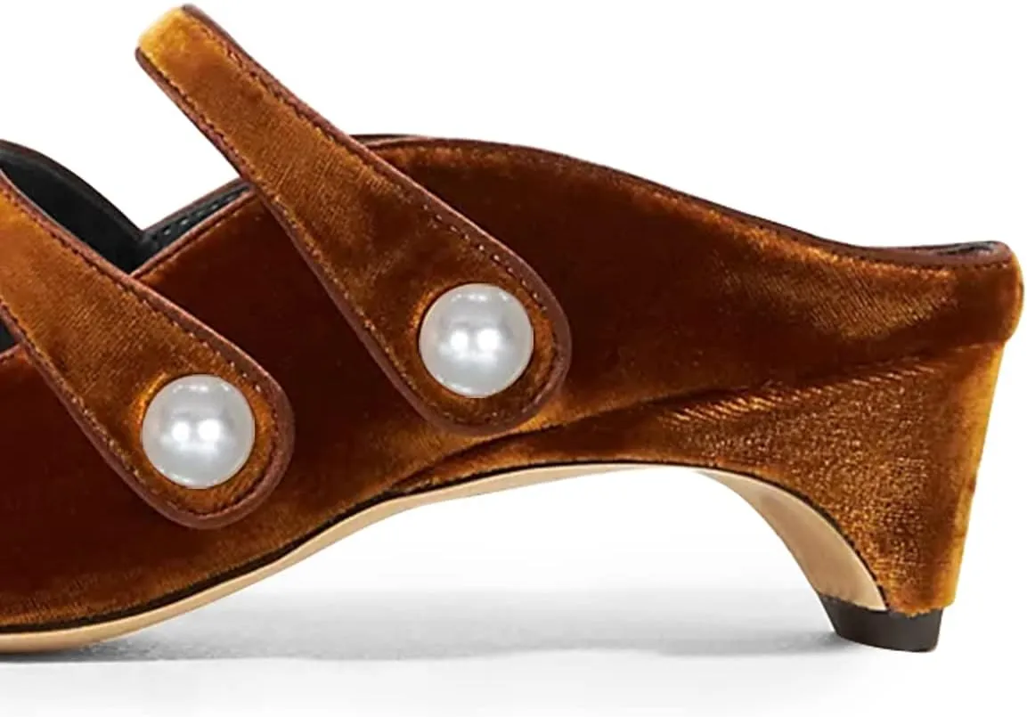 FSJ Women Low Cone Heel Mules Velvet Closed Square Toe Pearl Buckle Strap Slip On Pumps Backless Slide Sandals Office Dress Shoes Size 4-15 US
