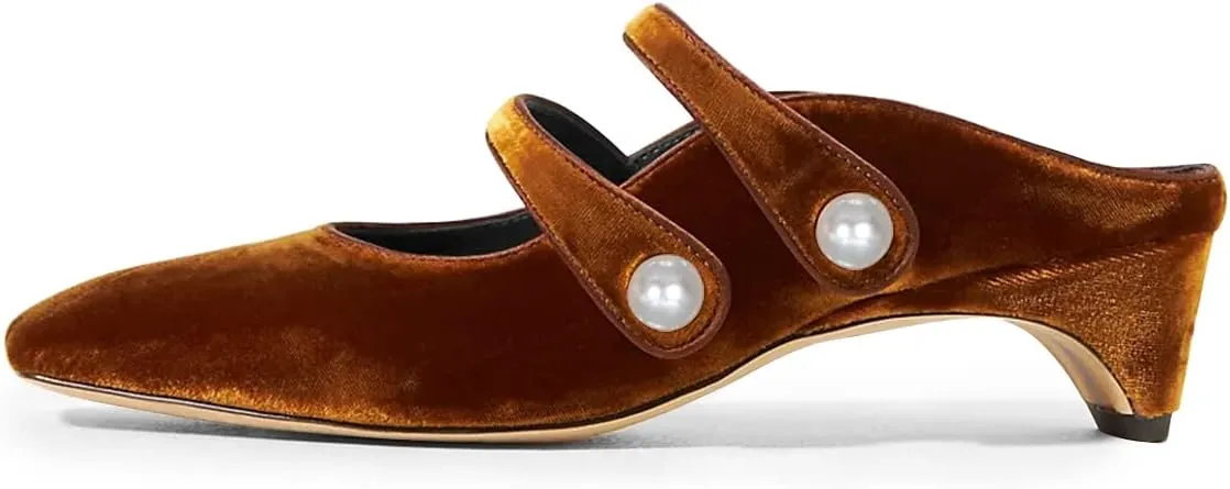 FSJ Women Low Cone Heel Mules Velvet Closed Square Toe Pearl Buckle Strap Slip On Pumps Backless Slide Sandals Office Dress Shoes Size 4-15 US