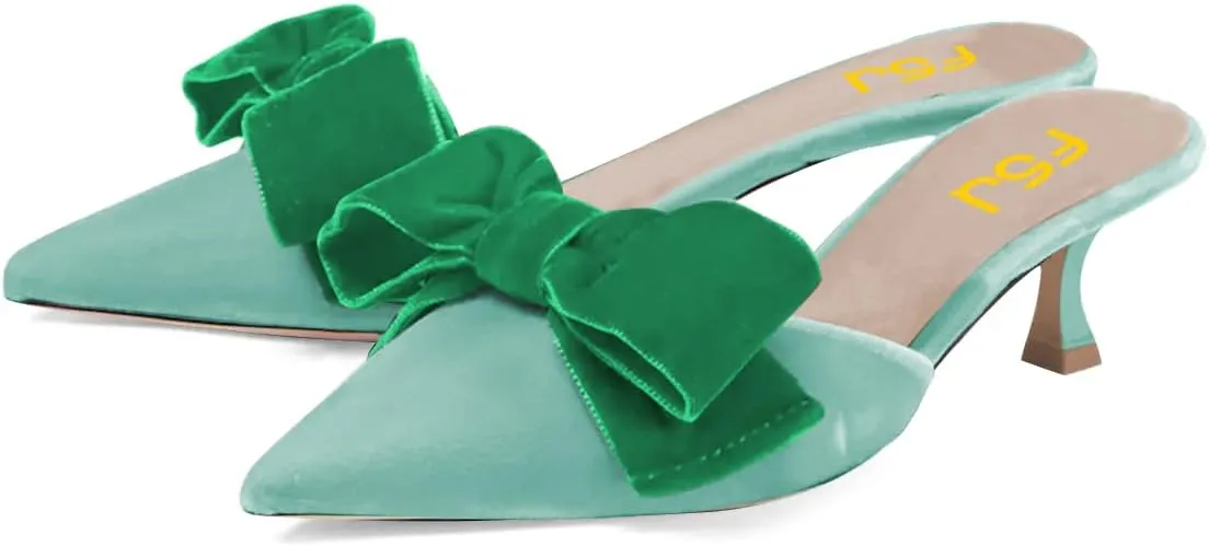 FSJ Women Velvet Kitten Low Heel Mules Sandals Slip On Bowknot Closed Toe Backless Sexy Casual Dress Summer Slipper Slides Size 4-15 US