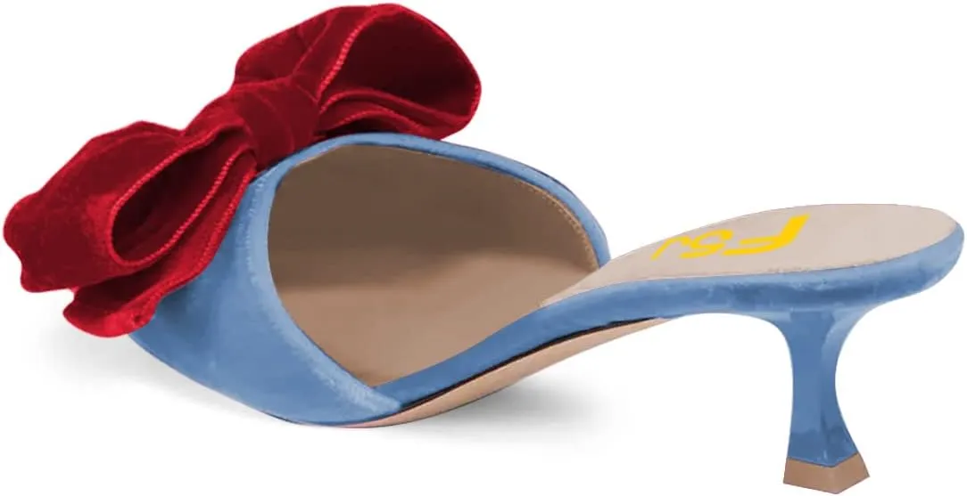 FSJ Women Velvet Kitten Low Heel Mules Sandals Slip On Bowknot Closed Toe Backless Sexy Casual Dress Summer Slipper Slides Size 4-15 US