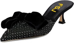 FSJ Women Velvet Kitten Low Heel Mules Sandals Slip On Bowknot Closed Toe Backless Sexy Casual Dress Summer Slipper Slides Size 4-15 US