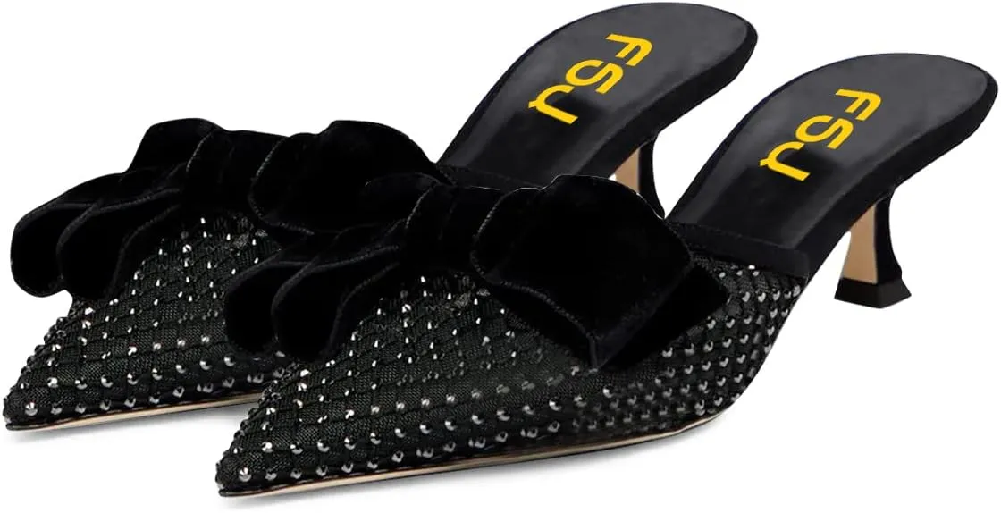 FSJ Women Velvet Kitten Low Heel Mules Sandals Slip On Bowknot Closed Toe Backless Sexy Casual Dress Summer Slipper Slides Size 4-15 US
