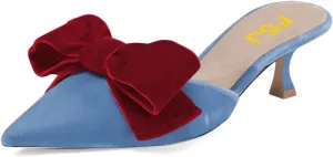 FSJ Women Velvet Kitten Low Heel Mules Sandals Slip On Bowknot Closed Toe Backless Sexy Casual Dress Summer Slipper Slides Size 4-15 US
