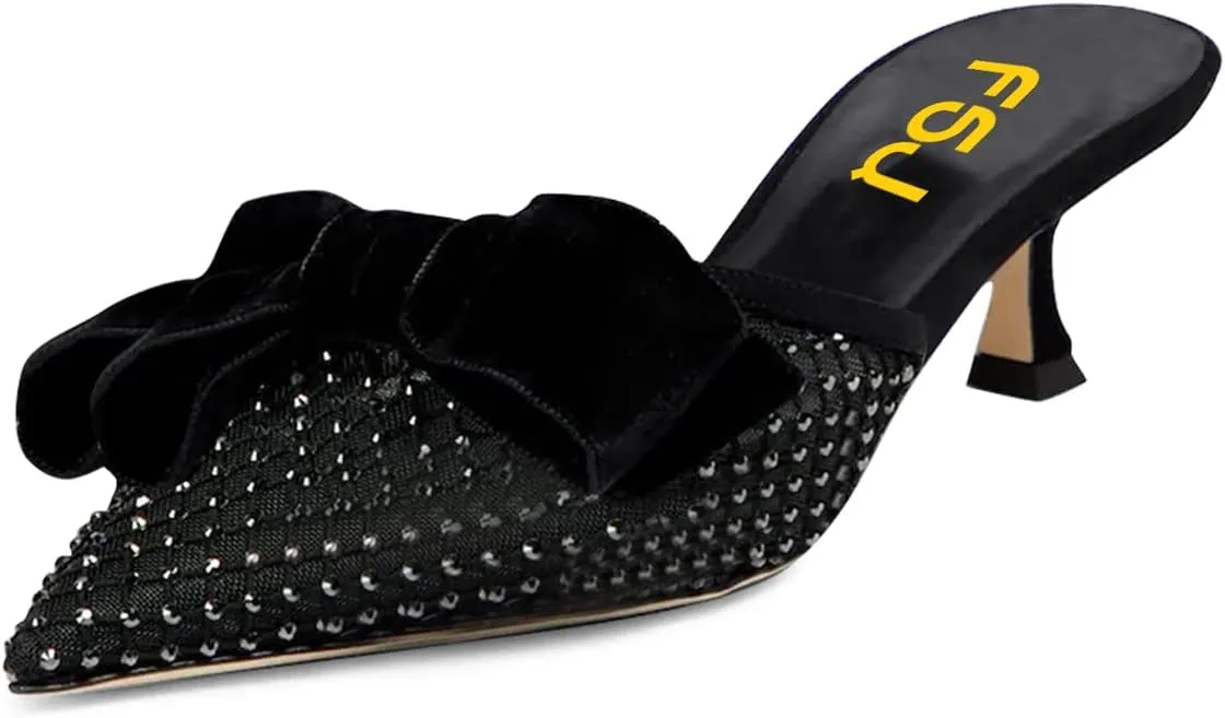 FSJ Women Velvet Kitten Low Heel Mules Sandals Slip On Bowknot Closed Toe Backless Sexy Casual Dress Summer Slipper Slides Size 4-15 US