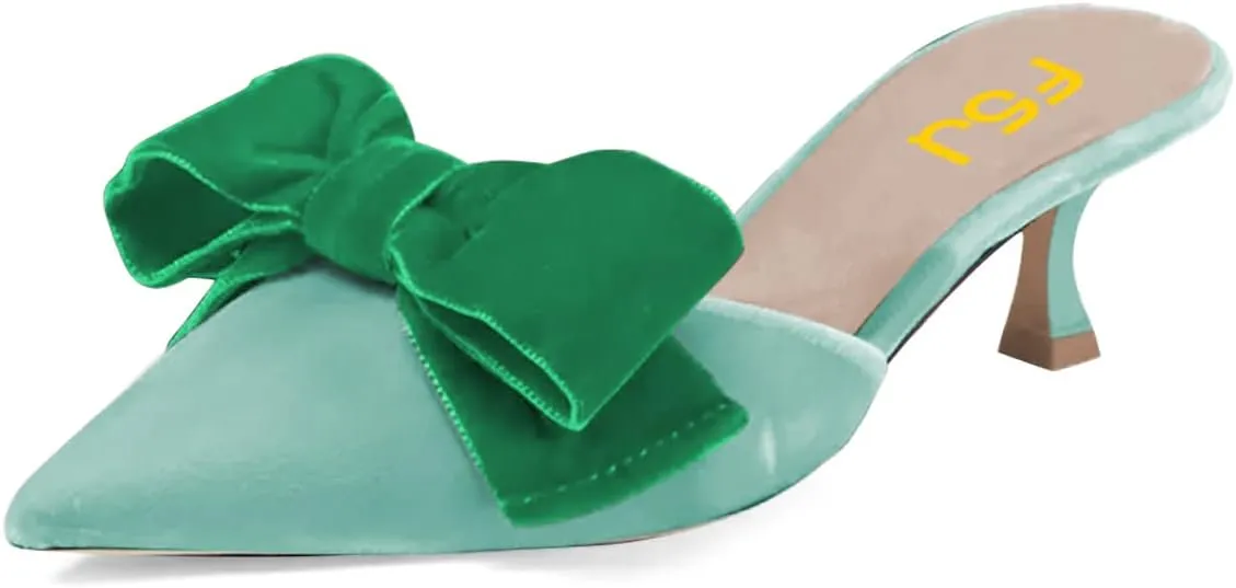 FSJ Women Velvet Kitten Low Heel Mules Sandals Slip On Bowknot Closed Toe Backless Sexy Casual Dress Summer Slipper Slides Size 4-15 US