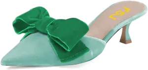 FSJ Women Velvet Kitten Low Heel Mules Sandals Slip On Bowknot Closed Toe Backless Sexy Casual Dress Summer Slipper Slides Size 4-15 US