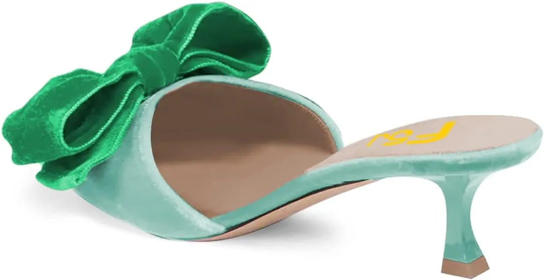 FSJ Women Velvet Kitten Low Heel Mules Sandals Slip On Bowknot Closed Toe Backless Sexy Casual Dress Summer Slipper Slides Size 4-15 US