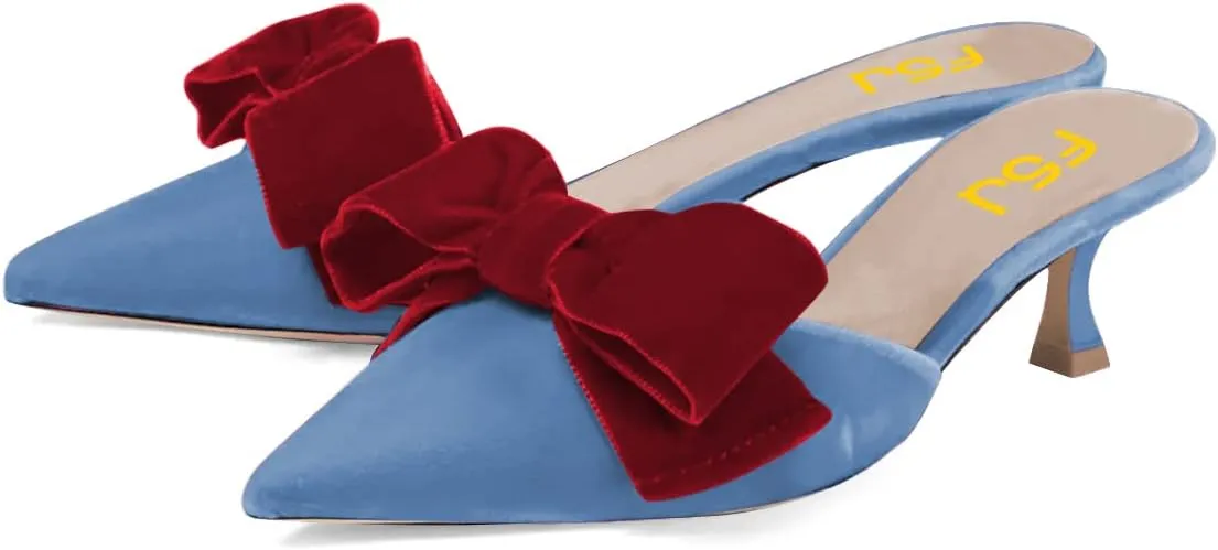 FSJ Women Velvet Kitten Low Heel Mules Sandals Slip On Bowknot Closed Toe Backless Sexy Casual Dress Summer Slipper Slides Size 4-15 US