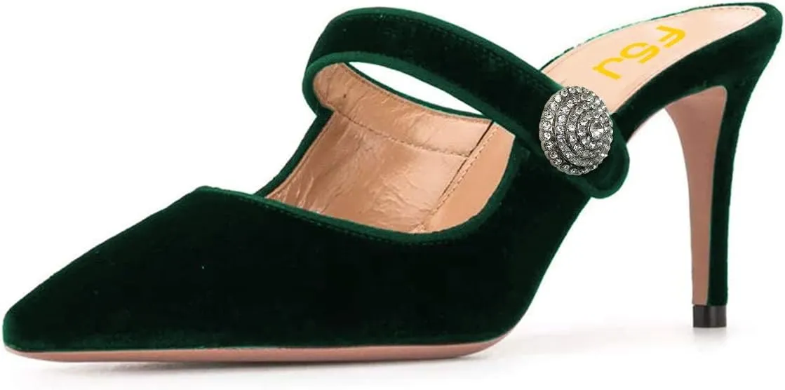 FSJ Women Vintage Slip on Pumps Mules Slide Slipper Velvet Pointed Toe High Heel Single Ankle Strap Backless Sandals Ladies Dress Shoes with Studded Rhinestones Button Size 4-15 US