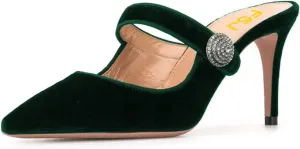 FSJ Women Vintage Slip on Pumps Mules Slide Slipper Velvet Pointed Toe High Heel Single Ankle Strap Backless Sandals Ladies Dress Shoes with Studded Rhinestones Button Size 4-15 US